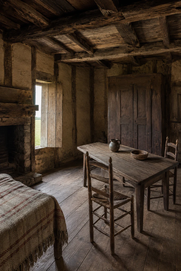 Photorealistic vertical early Acadian room with poteaux timber frame, clay-and-moss infill, steep roof, central hearth, cypress armoire, plank table, woven coverlet, pegged chairs, and soft marsh daylight through a shuttered opening.