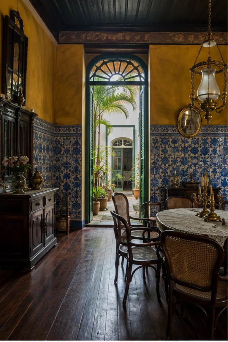 People-free photorealistic vertical Afro-Brazilian sobrado in Salvador with tall shuttered upper room, patterned azulejo wall field, saturated plaster, dark hardwood table, cane chairs, devotional cabinet, lace, brass, and humid courtyard light.