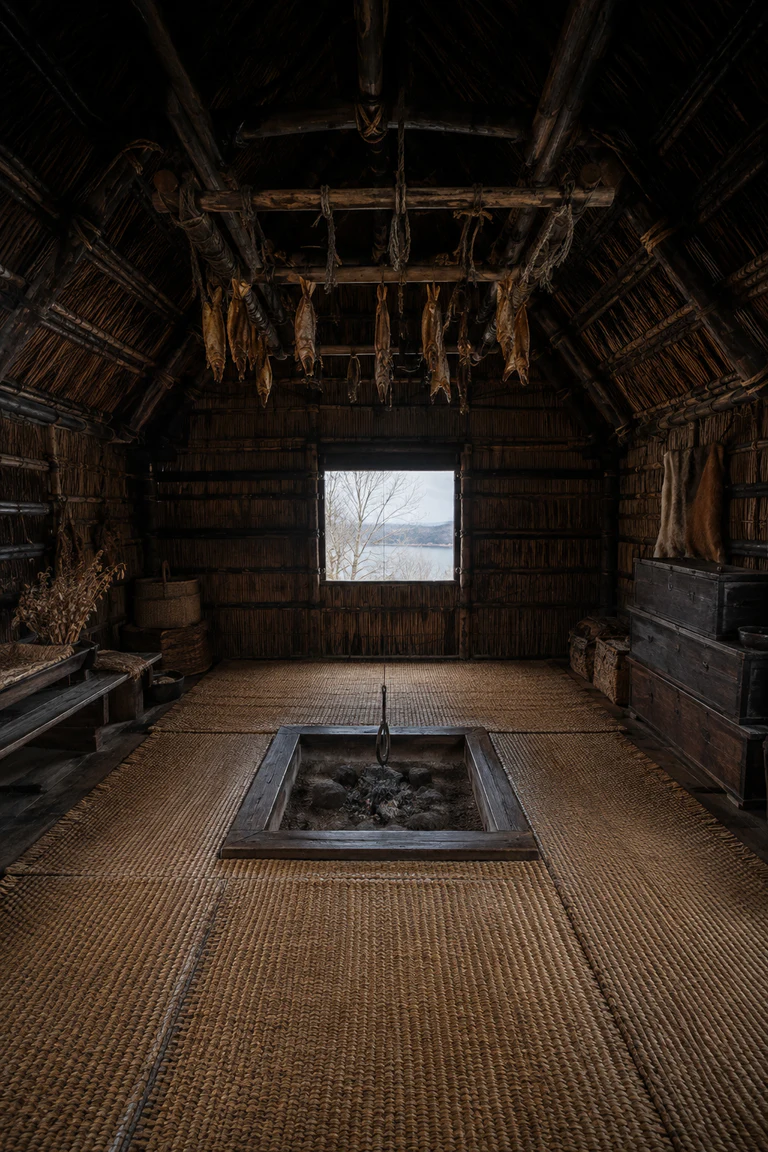 Photorealistic vertical Ainu chise interior with a central square hearth, sacred east window, woven cattail mats, low timber storage, suspended fish-drying rack, smoke-darkened rafters, reed-and-bark walls, and cold Hokkaido daylight.