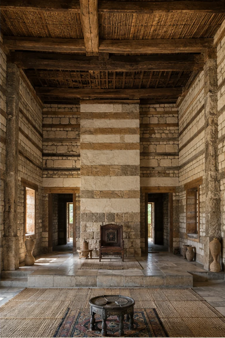 People-free photorealistic vertical reconstructed Aksumite elite residence with raised central hall, alternating stone-and-timber wall courses, deep doorways to symmetrical side chambers, woven mats, low benches, chests, ceramic jars, metal vessels, and Ethiopian highland light.