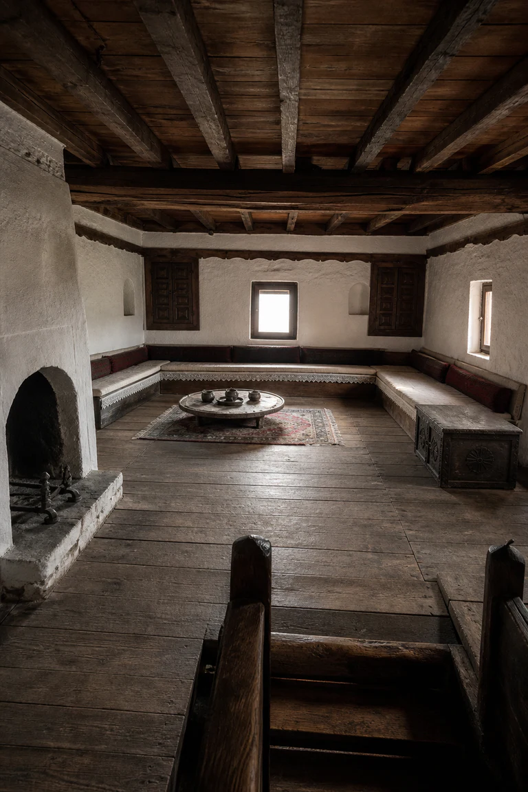 Photorealistic vertical Albanian kulla with thick stone masonry, tiny deep-set windows, heavy timber floor, steep stair, top-floor oda reception room, perimeter cushions, carved chest, hearth, and hard mountain daylight.