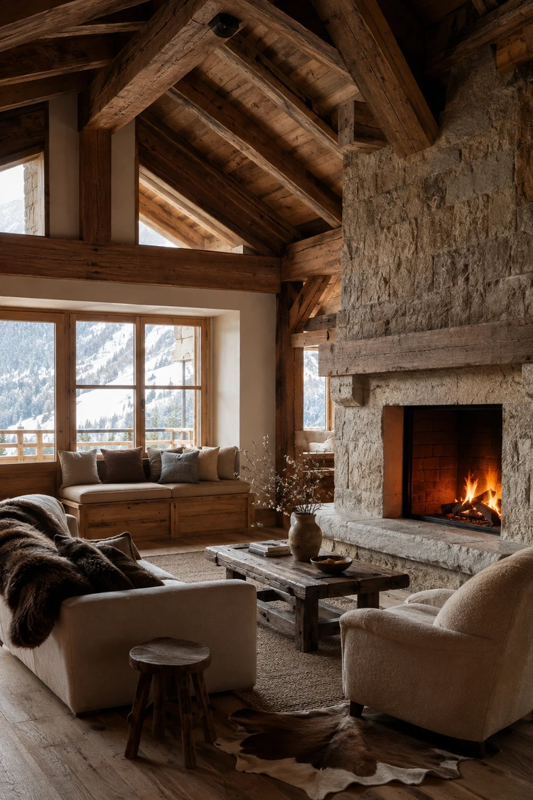 Alpine chalet great room with heavy timber beams, a pale stone fireplace, built-in seating, wool textiles, and snowy mountain views.