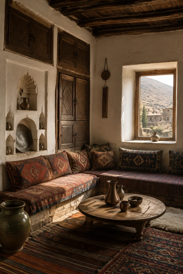 Anatolian village house with thick cream plaster, a dark timber ceiling and carved cupboards, low perimeter divans, layered red and indigo kilims, copper vessels, and a mountain window.