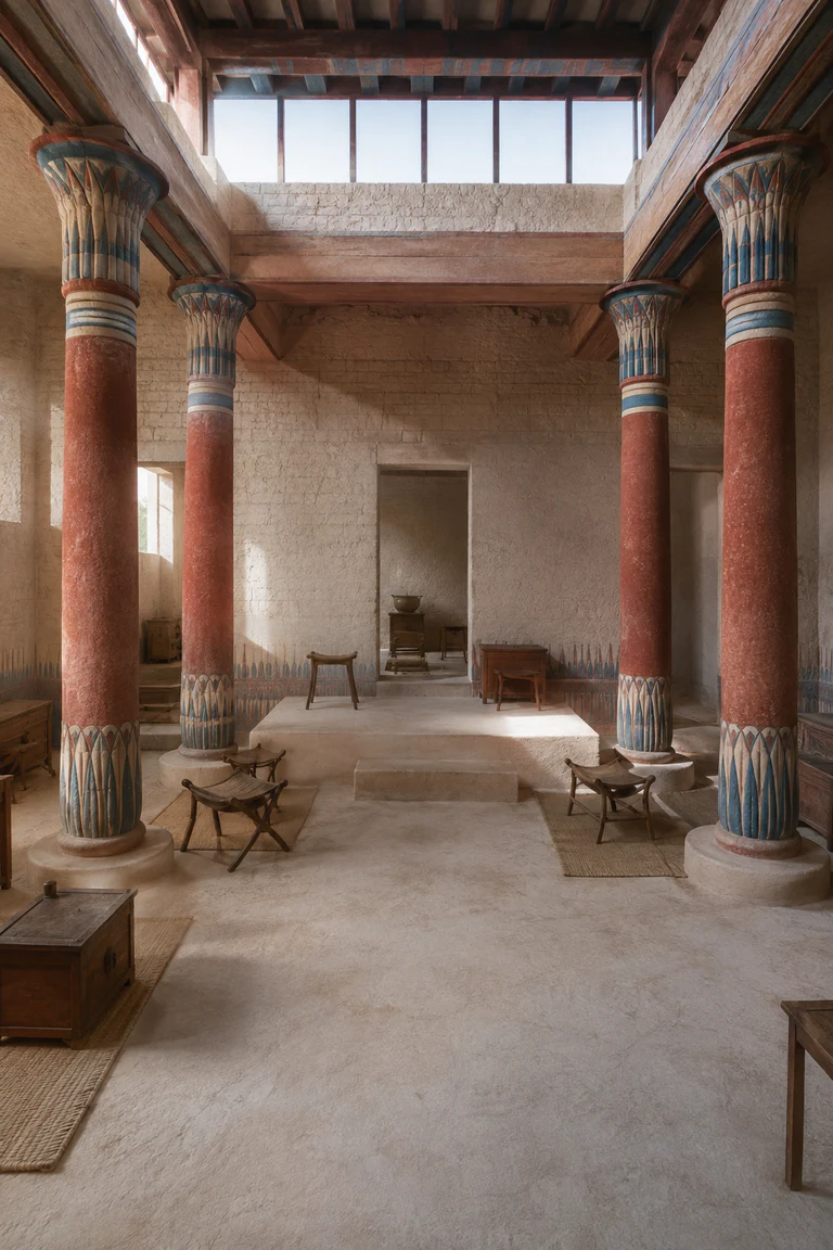 Photorealistic vertical reconstruction of an elite Amarna house with mudbrick walls, four painted timber columns, raised central dais, clerestory light, gypsum floor, low stools, chests, reed mats, and restrained blue-red mineral pigment.