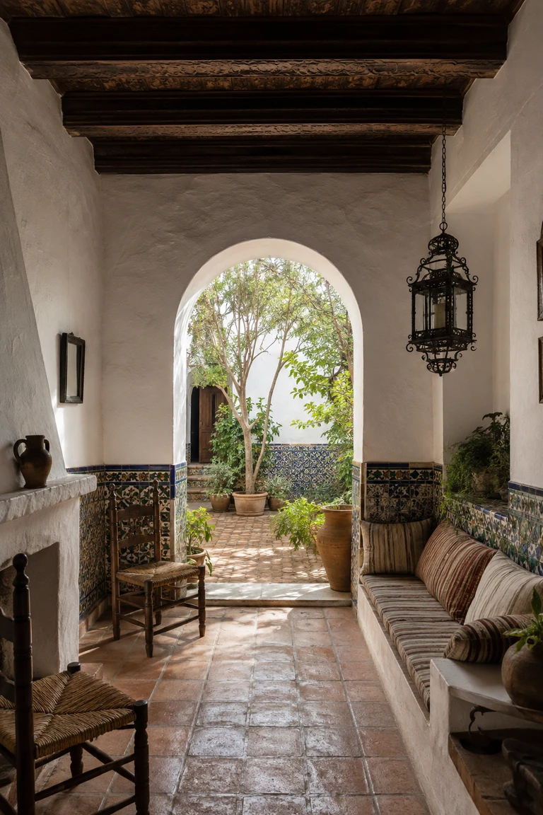 Andalusian vernacular sitting room with whitewashed arches, dark carved beams, terracotta floor, painted tile, rush chairs, and a planted courtyard beyond.