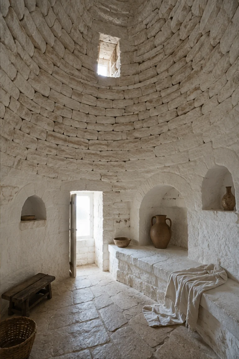 People-free photorealistic vertical Apulian trullo with whitewashed dry-stone walls, ascending corbelled cone, deep fitted niches, built-in bench, low bed, linen, pottery, iron tools, and hard Puglian sun softened through a tiny opening.