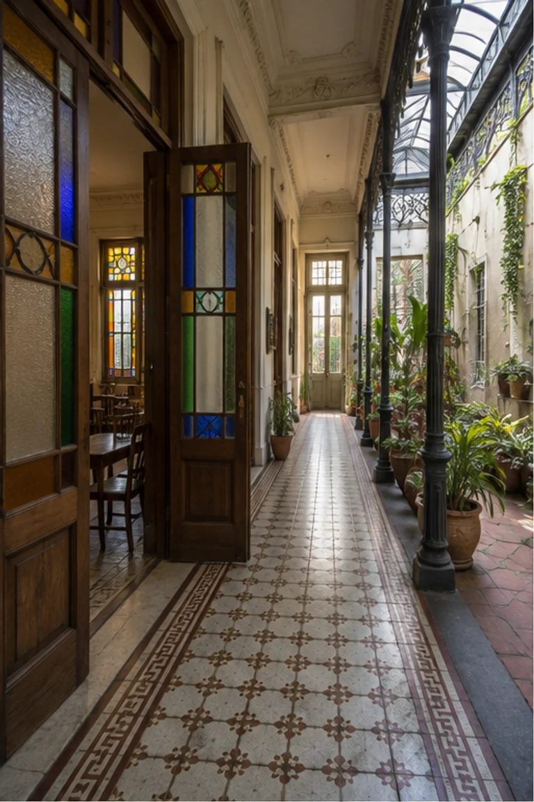Photorealistic vertical Argentine casa chorizo with a long tiled side patio and covered gallery, repeated tall doors into serial equal rooms, lime plaster, coloured glass, ironwork, wardrobes, timber tables, potted plants, and warm Buenos Aires daylight.
