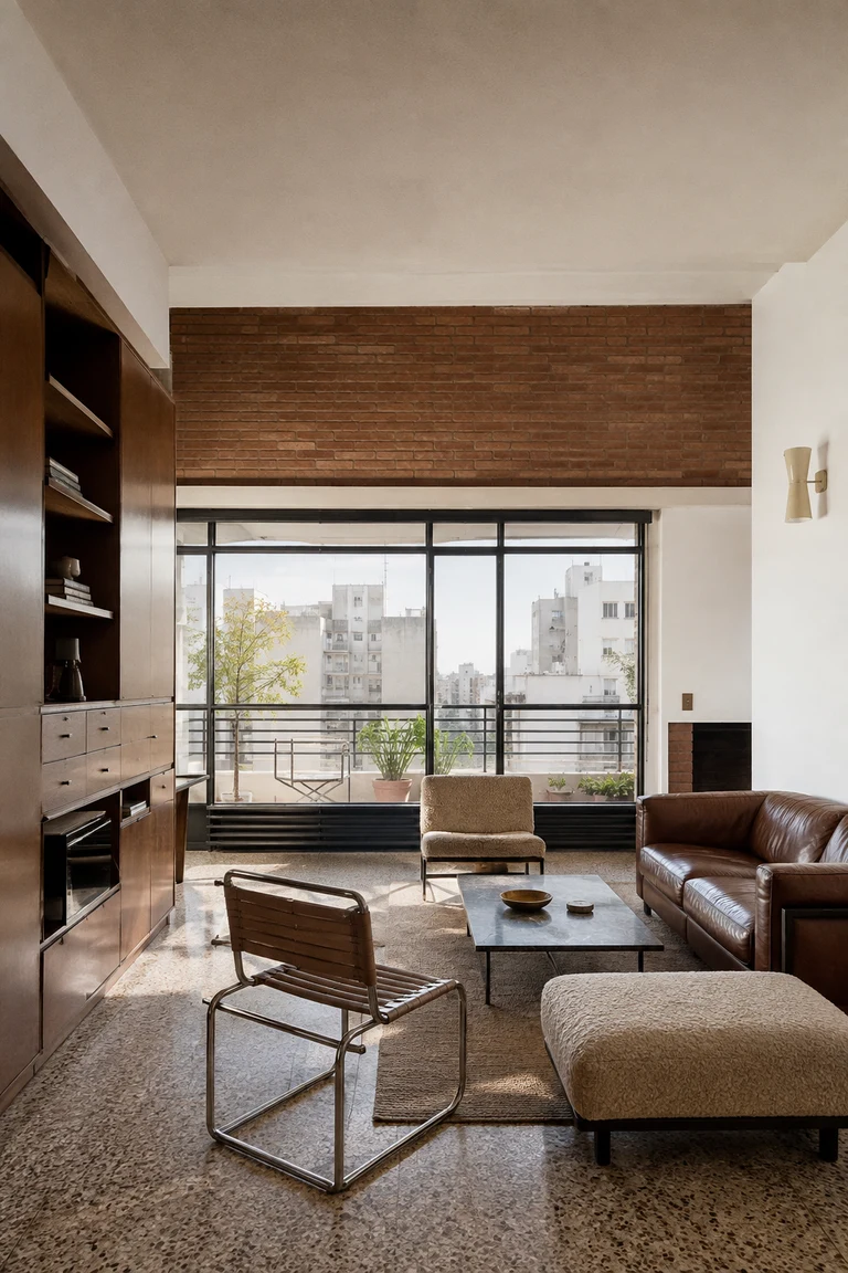 Buenos Aires rationalist apartment with white planar walls, exposed brick, gridded terrazzo, walnut joinery, steel-and-leather chairs, a low wool sofa, and balcony daylight.