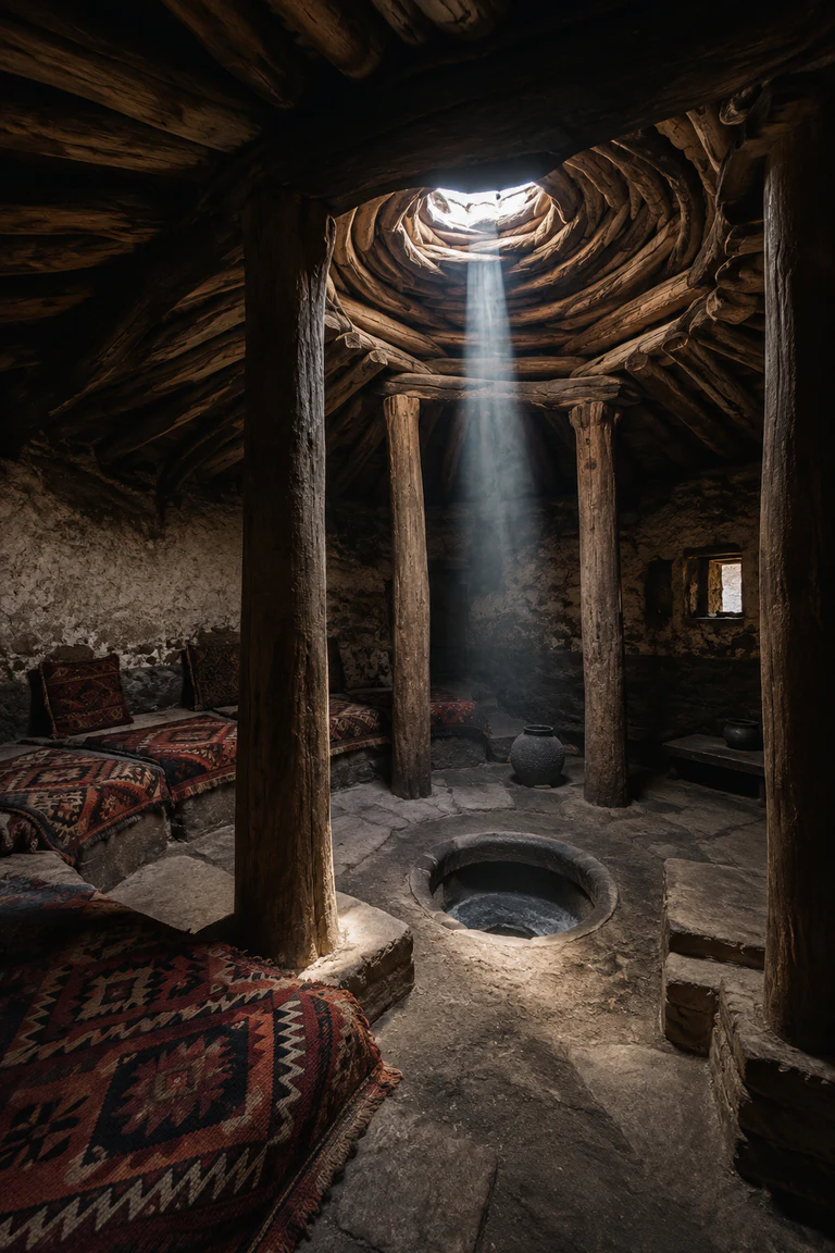 Photorealistic vertical Armenian glkhatun with four timber posts carrying a corbelled log roof toward a central smoke oculus, stone-and-earth walls, sunken tonir hearth, low platforms, woven carpets, and one shaft of mountain daylight.