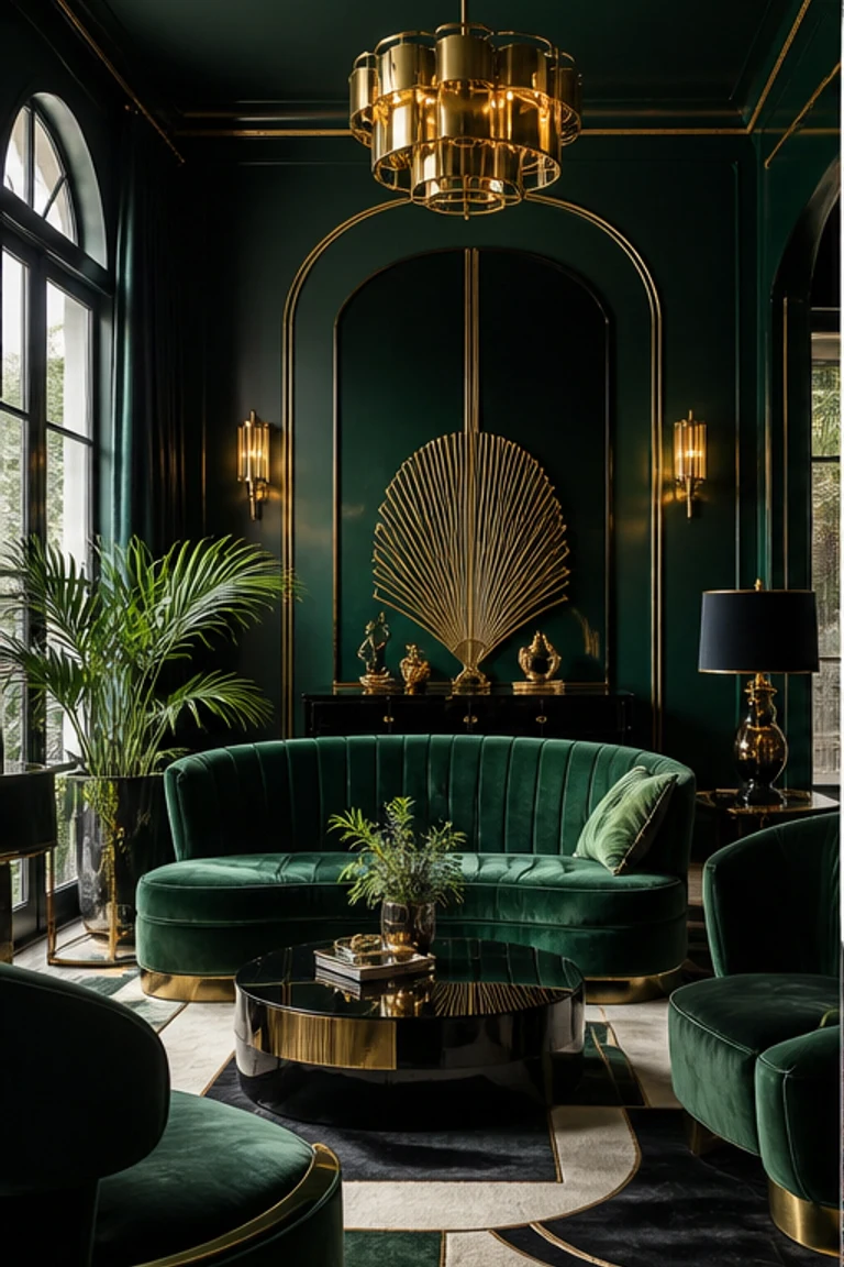 Art Deco salon with geometric wall details, velvet seating, polished stone, and brass lighting.