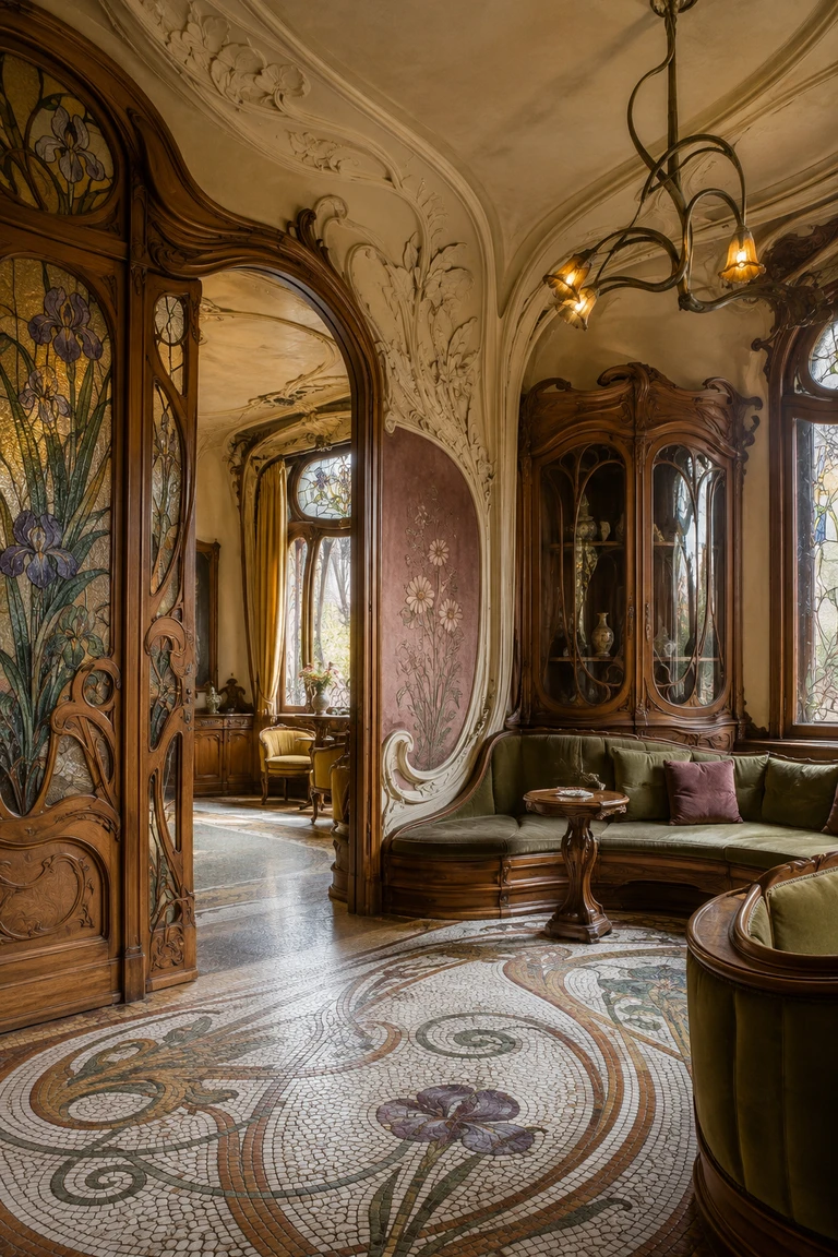 Art Nouveau salon with flowing carved ash woodwork, iris stained glass, botanical plaster relief, mosaic floor, moss seating, and vine-like bronze lights.