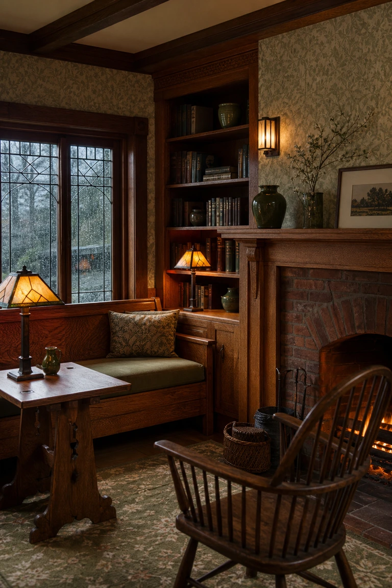 Arts and Crafts library with a brick hearth, oak built-ins, leaded windows, botanical pattern, and amber lamps.