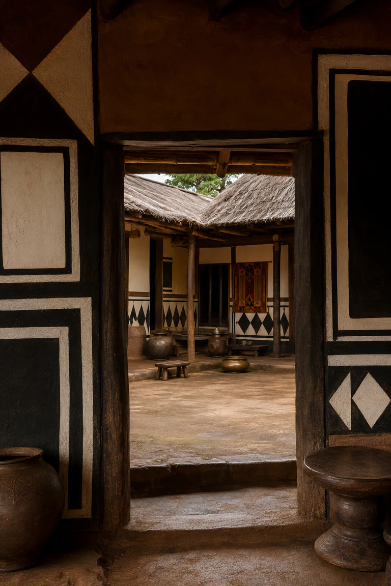 Photorealistic vertical Asante courtyard threshold with timber-frame earthen walls carrying black-and-white relief pattern, an open central court, shaded veranda, low stools, woven kente accents, brass vessels, and humid Ghana forest daylight.