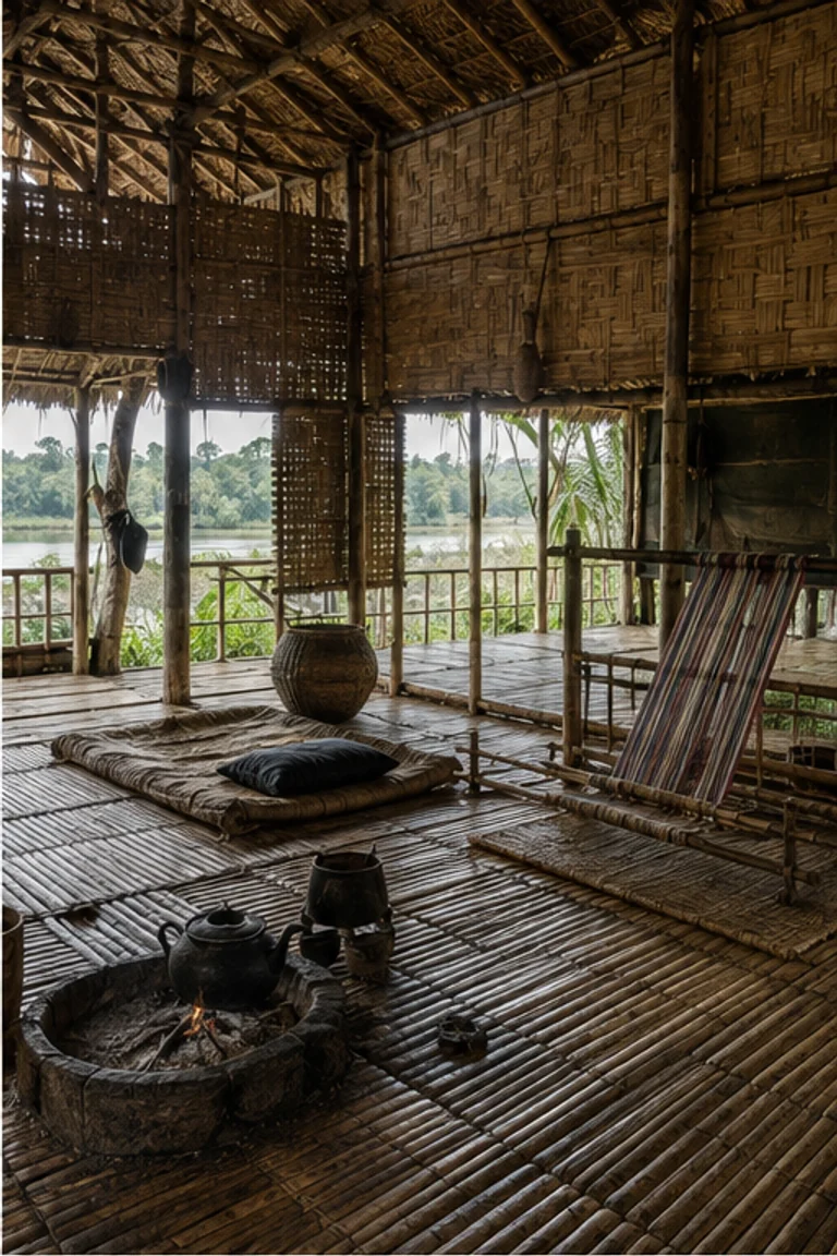 People-free photorealistic vertical Assam chang ghar raised above the Brahmaputra floodplain with woven bamboo floor and walls, open hearth, sleeping mats, baskets, loom, low stools, storage racks, deep thatch eaves, and humid river light.