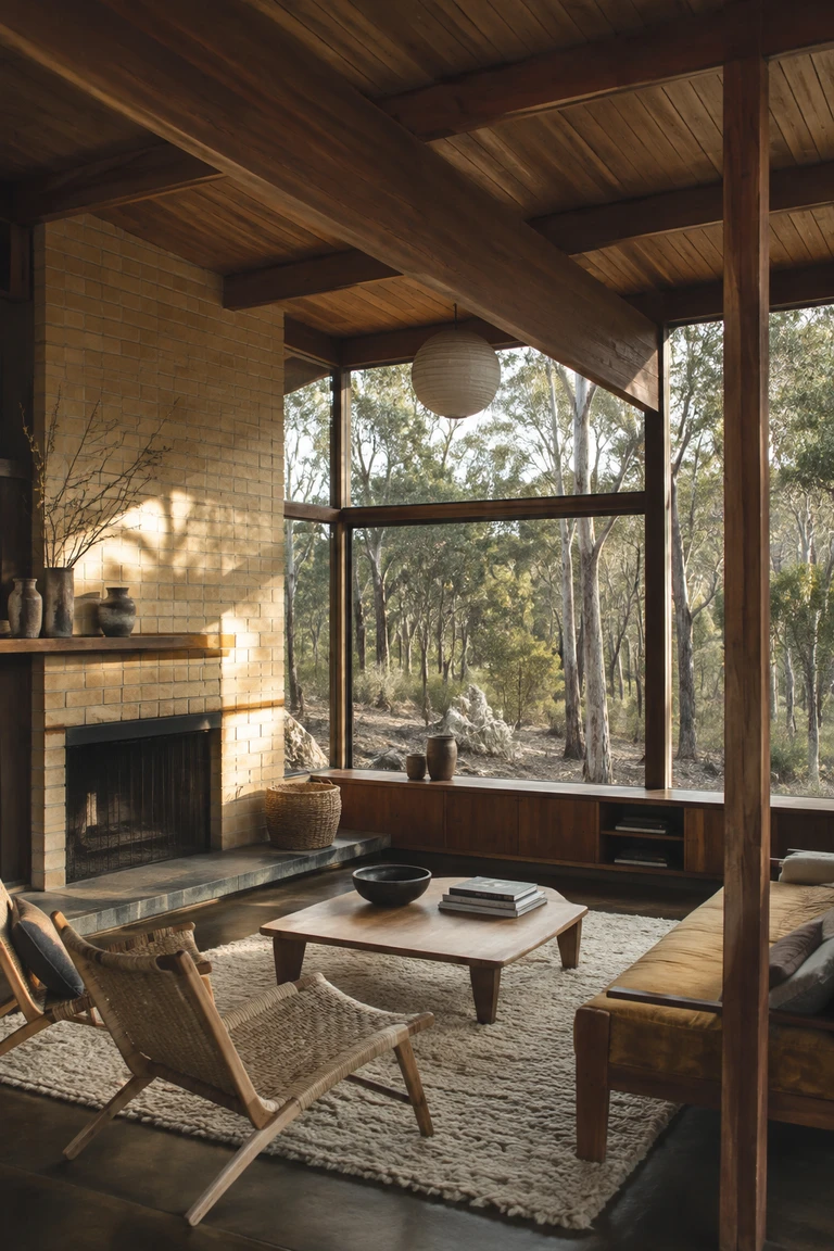 Australian bush modernist living room with hardwood beams, cream brick hearth, low woven chairs, wool rug, built-in timber storage, and broad eucalyptus views.