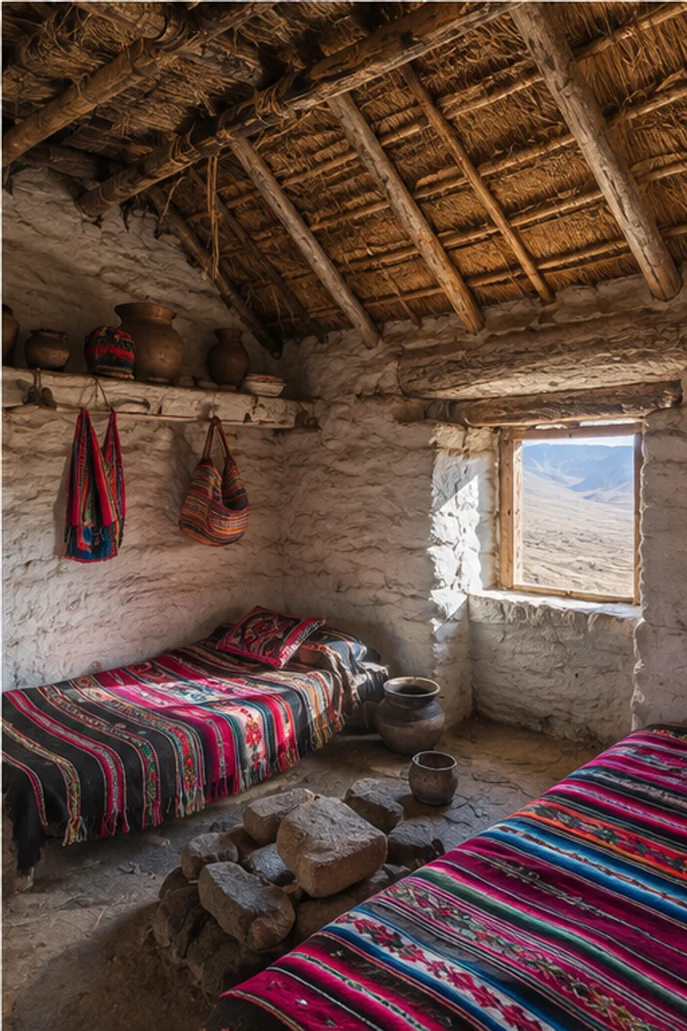 People-free photorealistic vertical Aymara uta on the Altiplano with thick adobe and stone walls, dense ichu-grass roof, tiny deep-set opening, low beds, striped aguayo blankets, chests, baskets, clay vessels, and brilliant cold highland light.