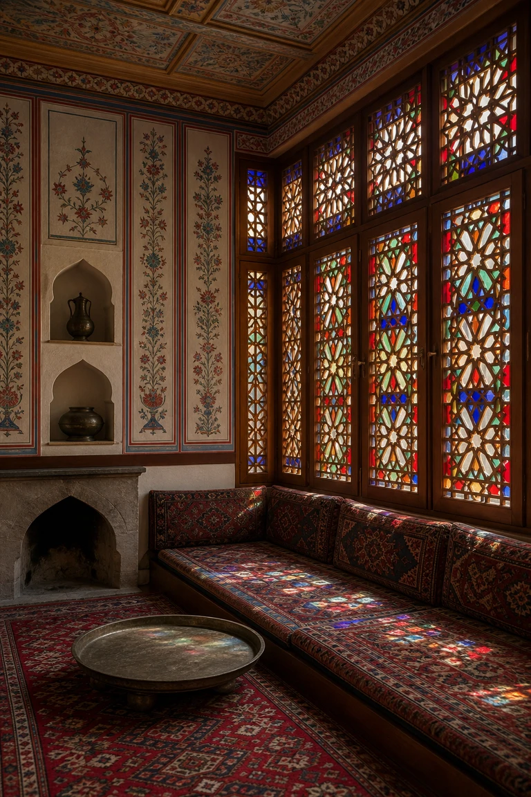 Nineteenth-century Sheki guest salon with full-height geometric walnut shebeke windows casting jewel-coloured light, painted floral walls, plaster niches, low divans, wool carpet, fireplace, and copper tray.