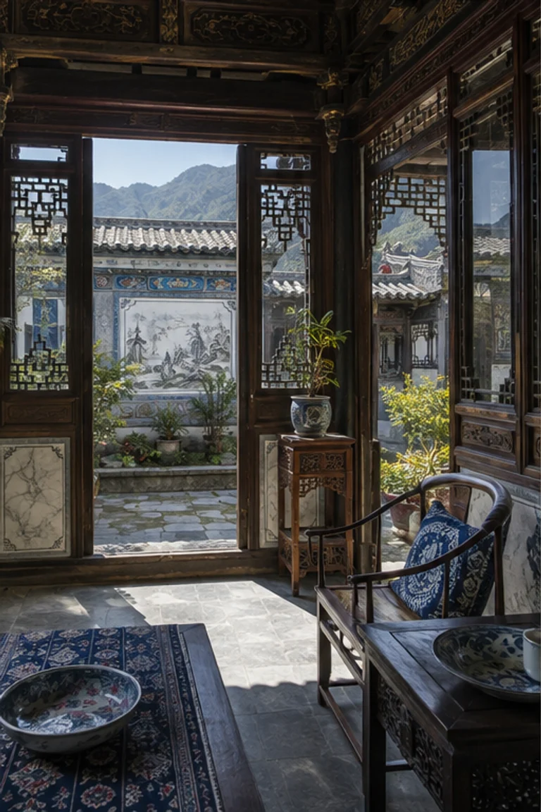 People-free photorealistic vertical Bai courtyard house in Dali with three timber wings, luminous white painted screen wall, carved doors, Dali marble panels, blue-white textiles and ceramics, daybed, cabinets, tiled eaves, and clear mountain light.