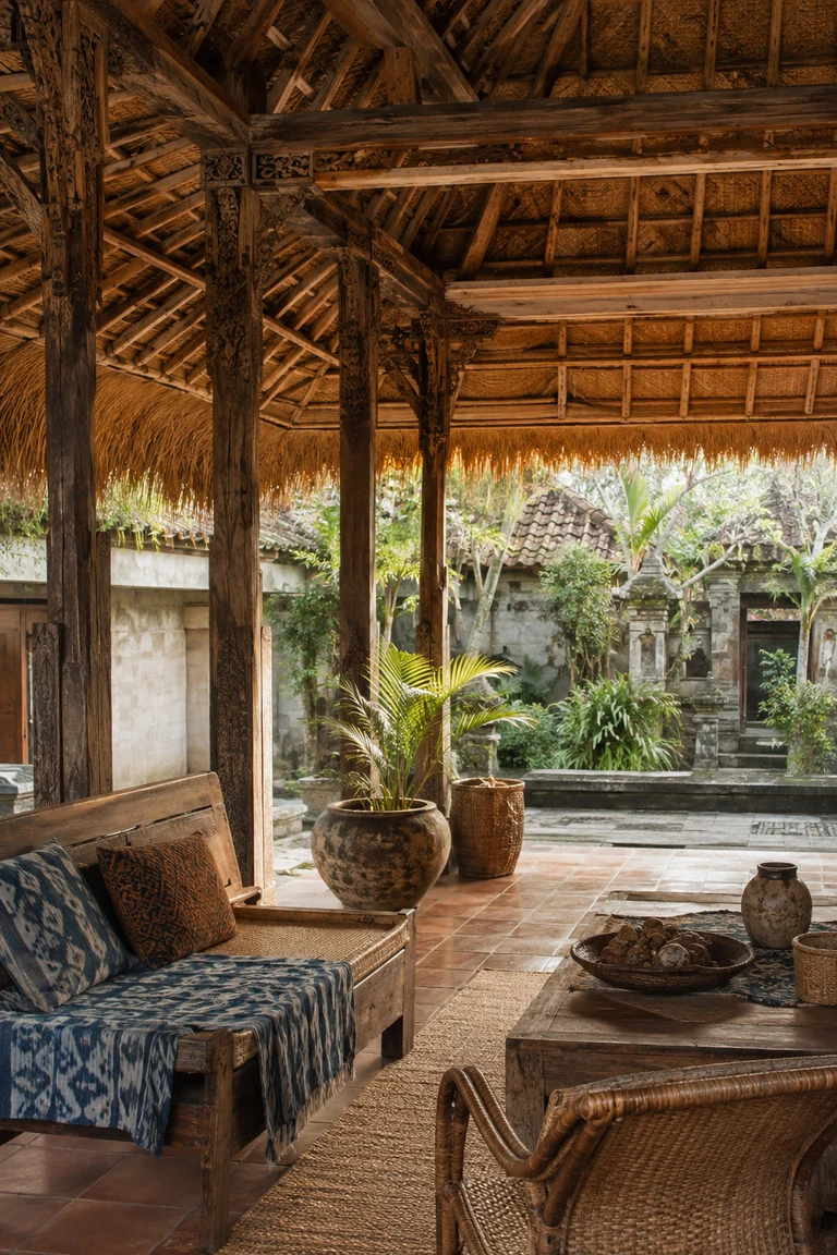 Balinese vernacular pavilion with a deep thatched roof, carved teak columns, terracotta floor, rattan and timber seating, indigo ikat, and a tropical stone courtyard.