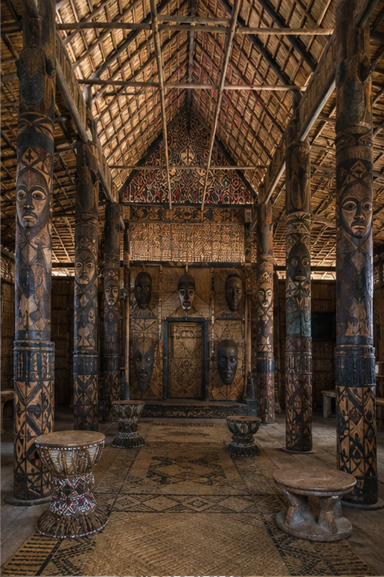 People-free photorealistic vertical Bamileke audience house in the Cameroon Grassfields with long ranked hall, monumental carved posts, patterned bamboo ceiling, beaded stools, woven raffia mats, masks, drums, cowrie details, and high filtered roof light.