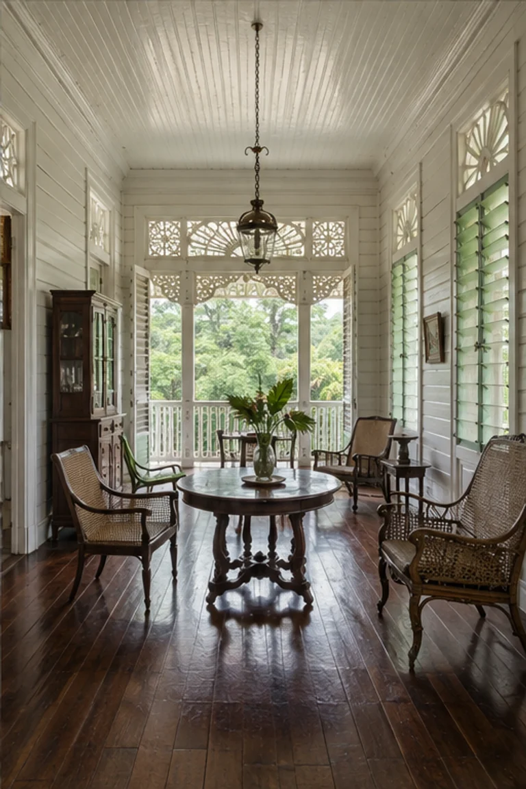 People-free photorealistic vertical Barbadian chattel house with modular timber room bays, symmetrical front room, jalousied windows, painted fretwork, polished boards, cane chairs, timber table, patterned cloth, and luminous trade-wind veranda light.