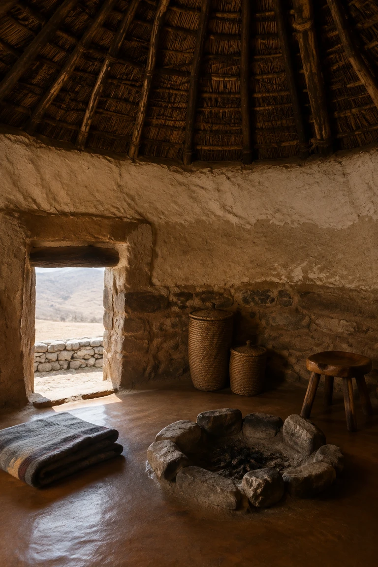 Basotho highland rondavel with a curved stone-and-clay wall, visible sapling structure beneath dense conical thatch, polished earth floor, protected doorway, compact hearth, baskets, stool, and folded wool blanket.