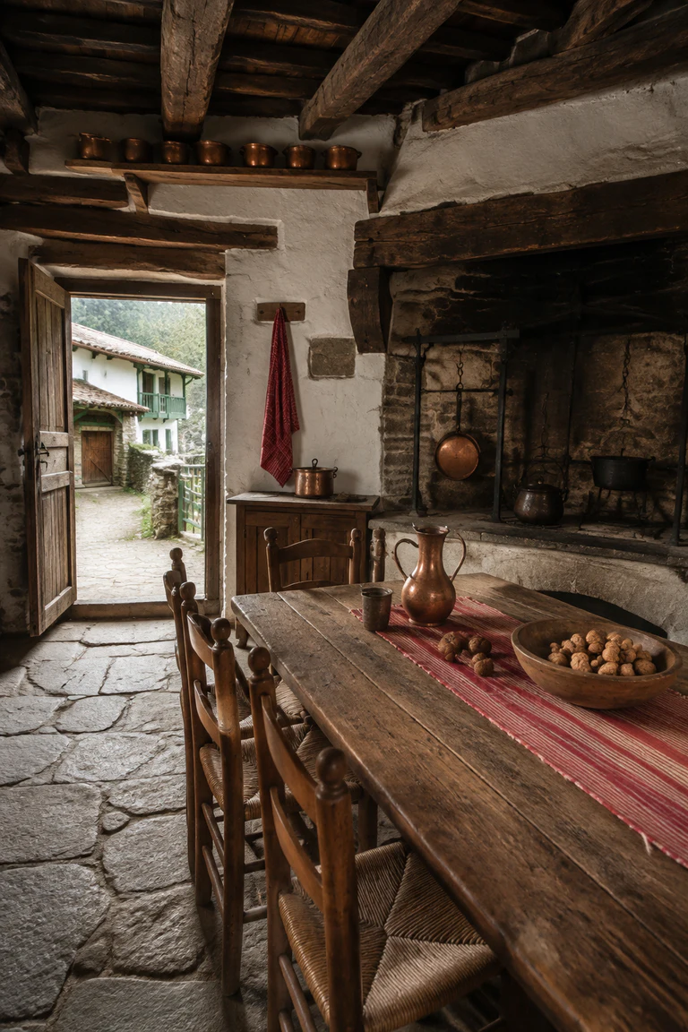 Photorealistic vertical Basque etxe kitchen with a broad hearth, chestnut beams, long communal table, ladder-back chairs, limewashed stone, copper cookware, red woven cloth, and a doorway toward the working farm court.