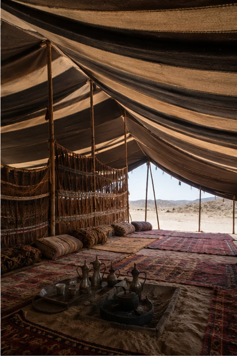 People-free photorealistic vertical Bedouin bayt al-shaʿr with striped black goat-hair roof, timber poles, woven divider, low hospitality hearth, rugs, cushions, leather bags, brass coffee ware, and desert light entering beneath lifted edges.