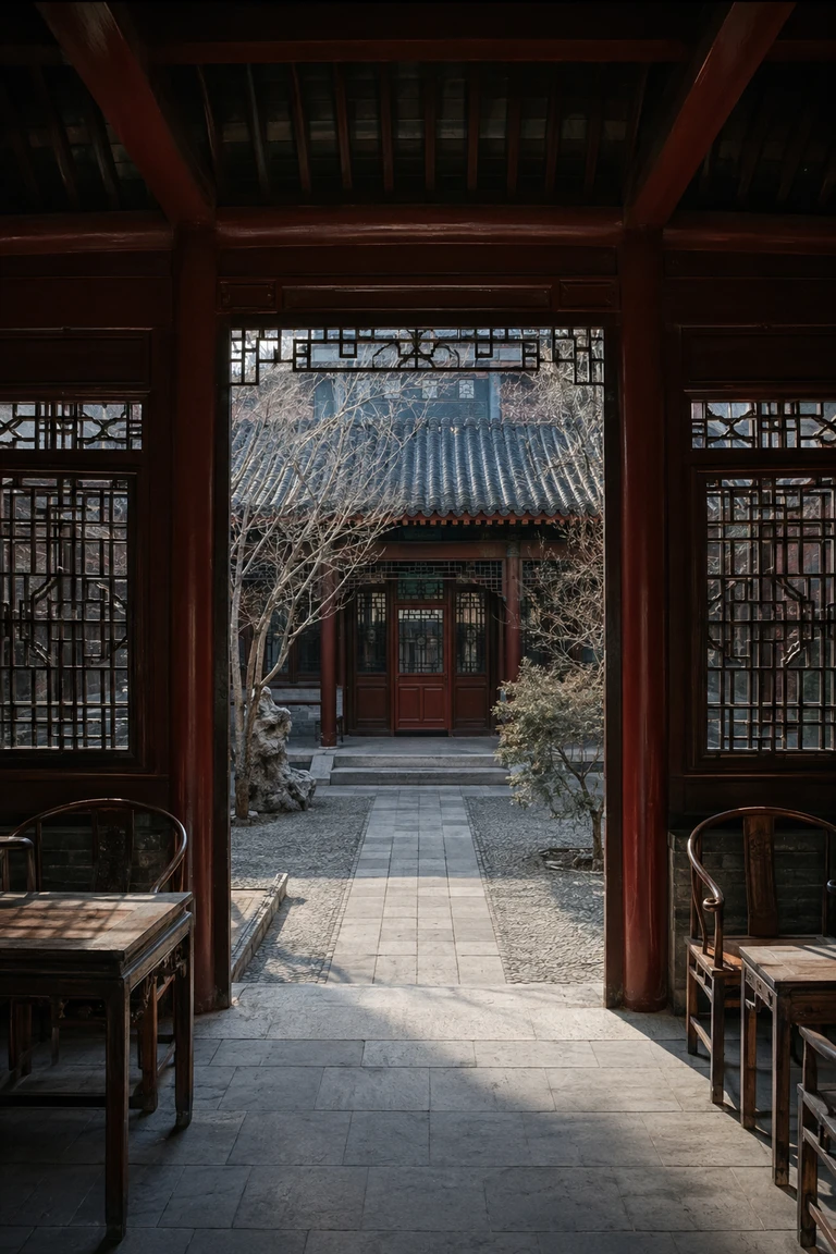 Principal room of a Beijing siheyuan looking through symmetrical dark-red timber bays and lattice screens toward a grey-brick courtyard, central stone path, deep tiled eaves, and bare winter branches.