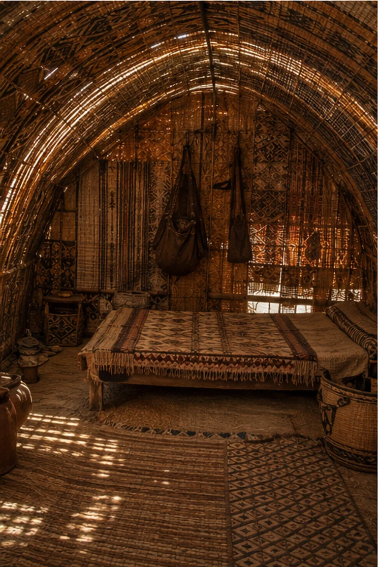 Photorealistic vertical Beja beit burish in the Red Sea Hills with a low arched timber frame, richly patterned woven palm-mat enclosure, striped amber light, woven bed, leather bags, baskets, coffee vessels, wool cloth, and ventilated edges open to desert wind.