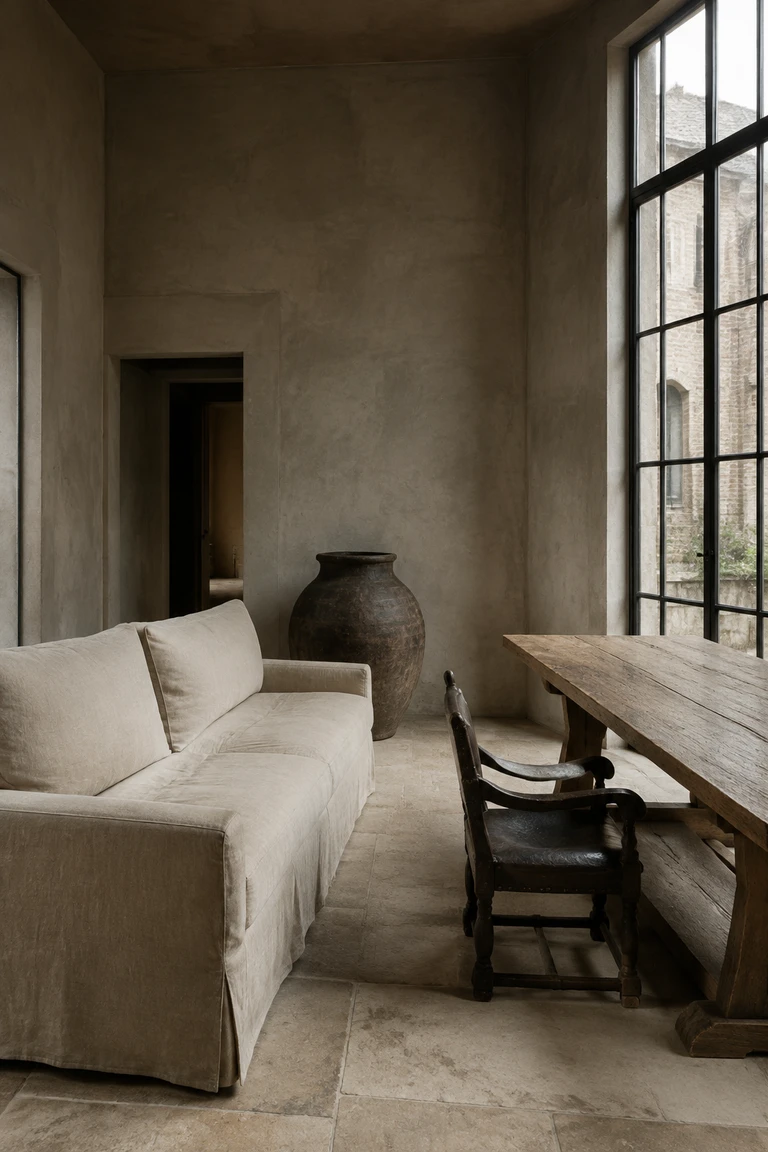 Belgian minimalist room with limewashed walls, limestone flooring, a linen sofa, weathered oak table, and one dark antique chair.