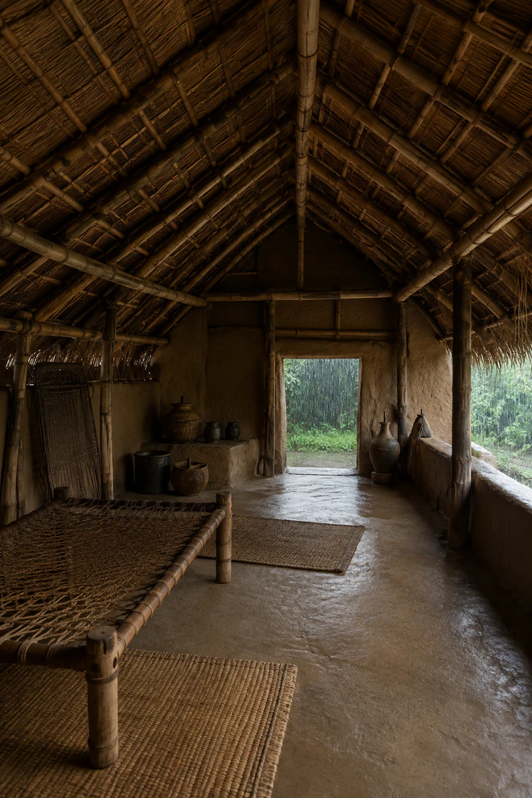 Photorealistic vertical Bengali dochala interior beneath curved two-sided thatch, with bamboo frame, clay-plastered walls and floor, woven cane bed, reed mats, storage jars, deep monsoon eaves, and filtered green daylight beyond the threshold.