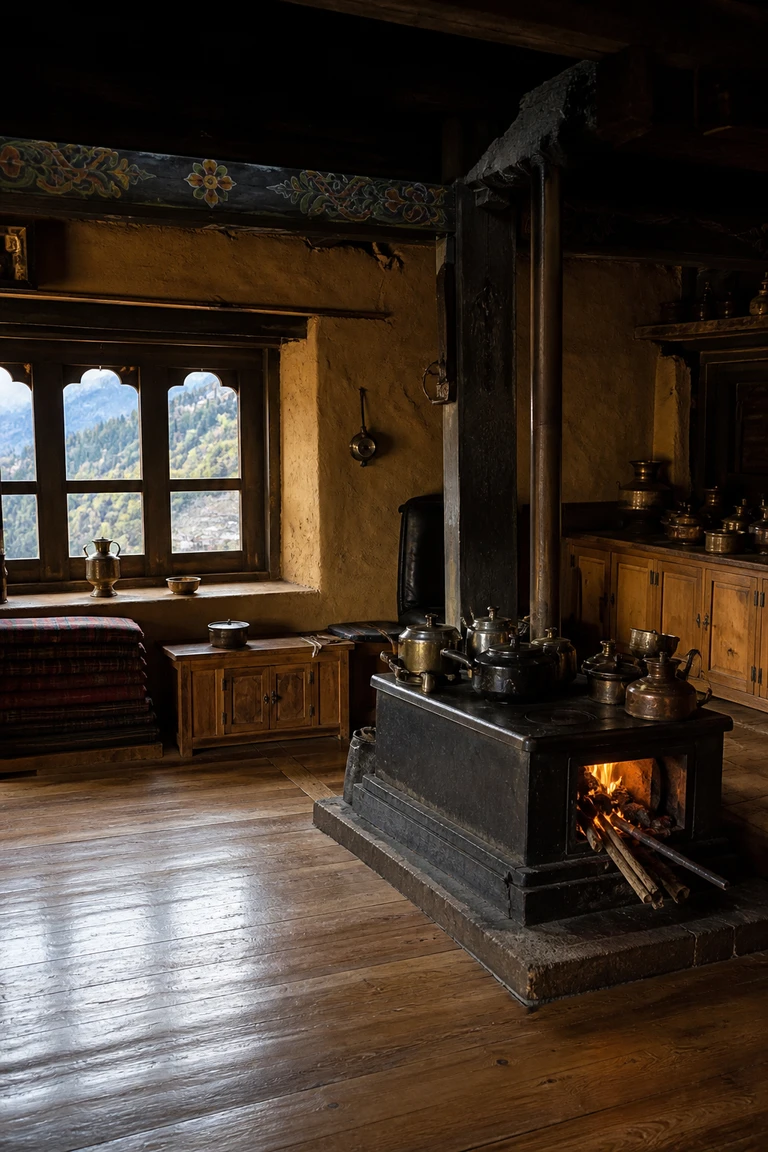 Traditional Bhutanese farmhouse kitchen with deep ochre earthen window reveals, heavy pine posts, a warm cooking stove, polished boards, low cupboards, folded striped wool and copper vessels against cold Himalayan daylight.