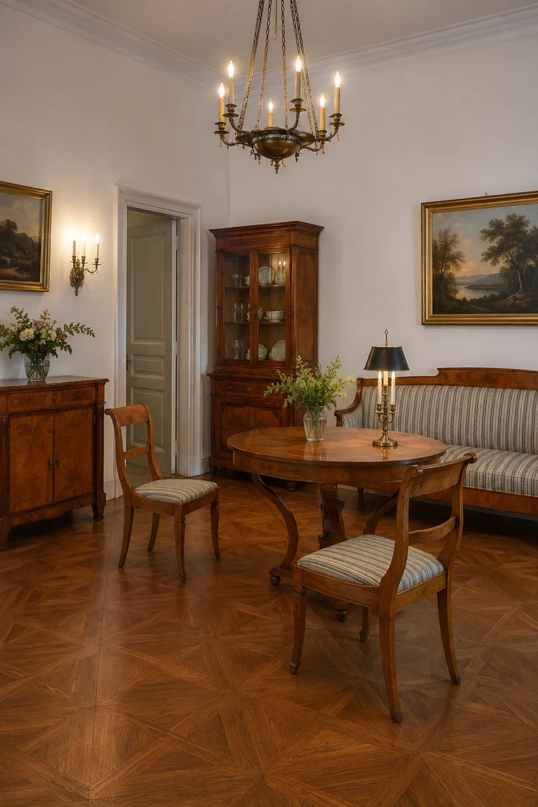 Biedermeier salon with pale walls, polished cherry and birch furniture, an oval table, curved striped settee, parquet floor, and restrained bronze lighting.
