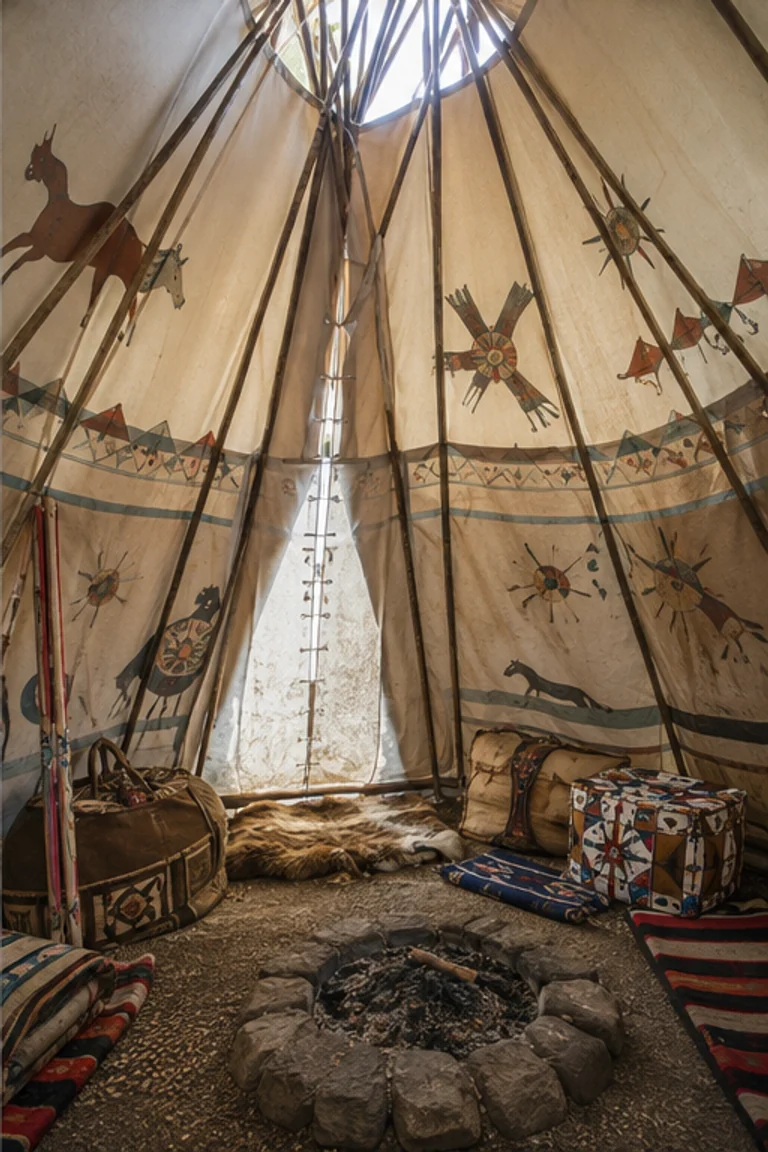 People-free photorealistic vertical Blackfoot tipi with radiating lodgepoles, historically grounded painted hide cover and inner liner, central hearth, robes, woven blankets, parfleche containers, backrests, beadwork, and graphic daylight through the smoke opening.