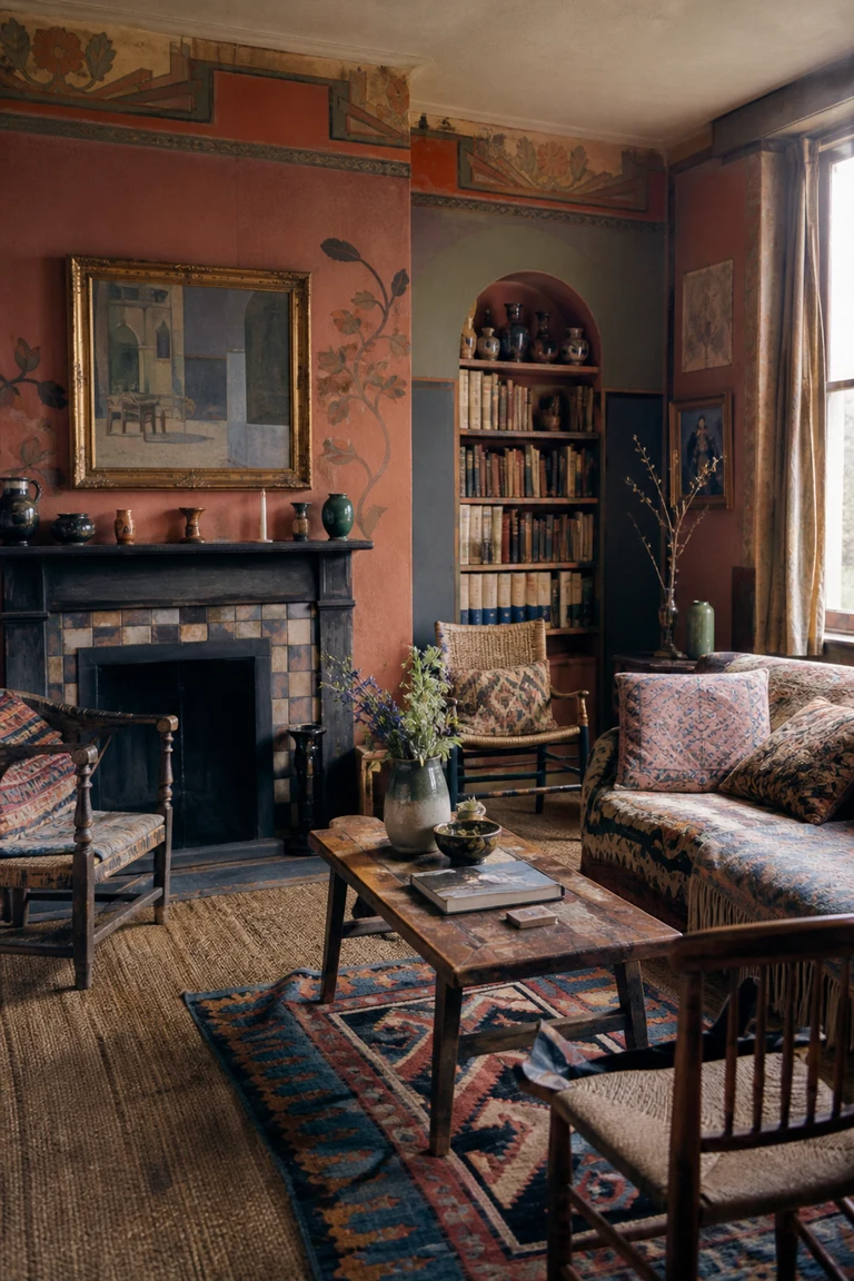 Bloomsbury drawing room with hand-painted terracotta walls and furniture, patterned rugs and cushions, books, ceramics, paintings, and informal vernacular chairs.