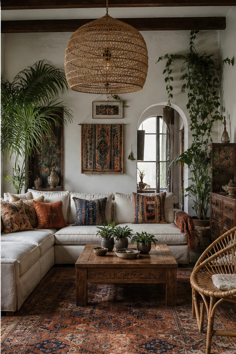 Bohemian interior with low seating, woven textiles, rattan furniture, handmade objects, and plants.