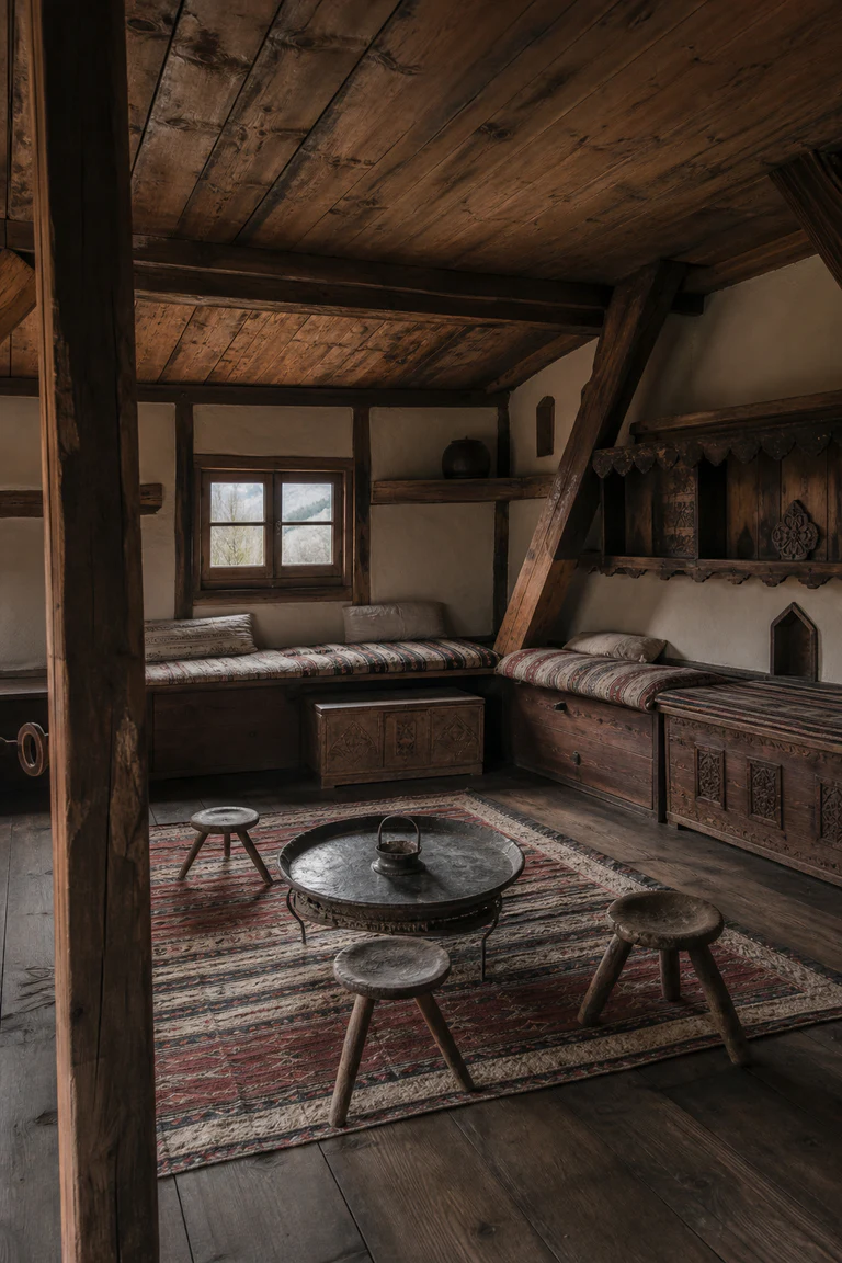 Photorealistic vertical Bosnian Dinaric dwelling with a raised timber family room above masonry storage, steep shingled roof, central low hearth, carved chests, kilim, three-legged stools, small mountain window, and soft winter daylight.