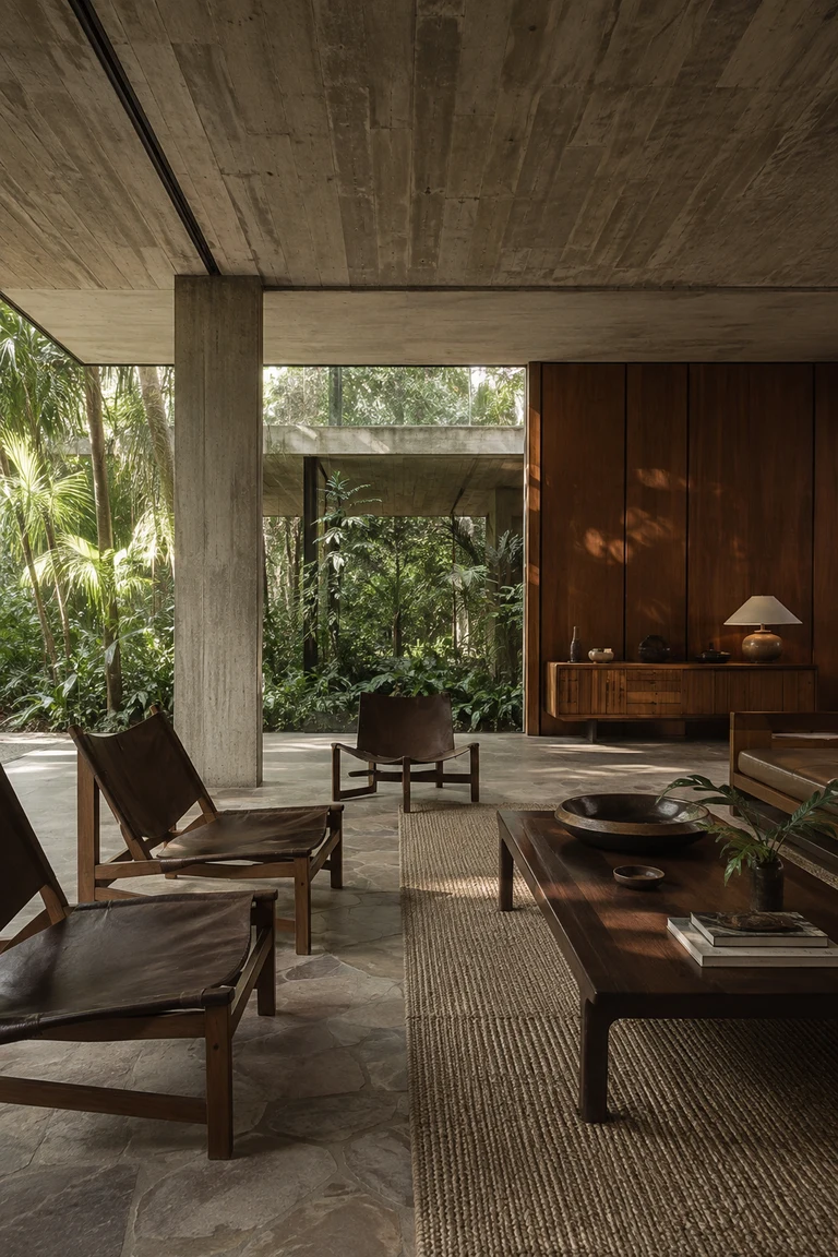 Brazilian modernist living pavilion with board-formed concrete, tropical planting, local stone, dark hardwood panels, and low timber-and-leather lounge furniture.