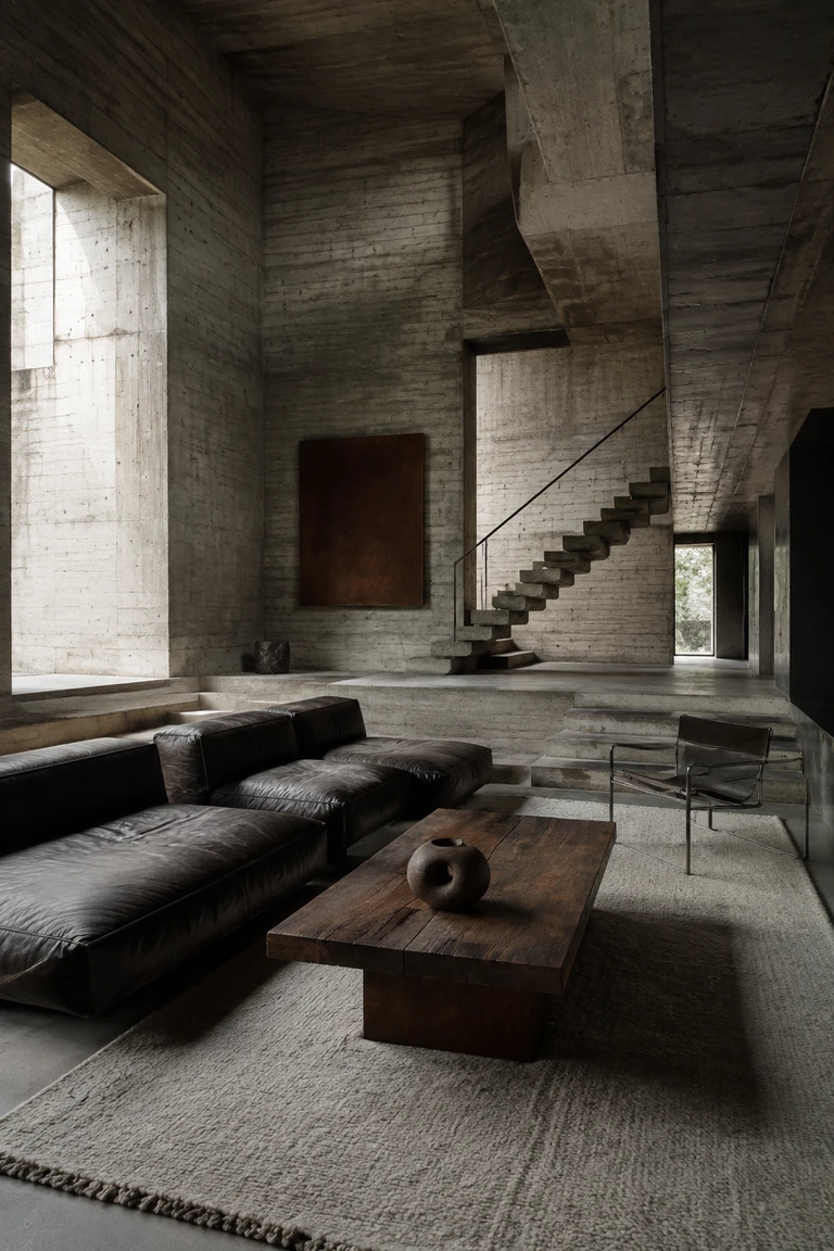 Brutalist living room with board-formed concrete, a split-level stair, deep window openings, low leather seating, and a monolithic timber table.