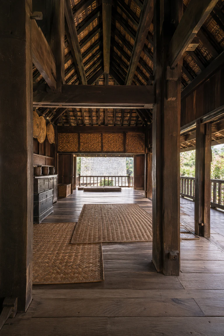 Photorealistic vertical Bugis bola house with its raised post grid and three-part vertical order legible from open underfloor to upper family room and steep roof cavity, precise mortise joinery, woven mats, storage chests, and shaded veranda light.