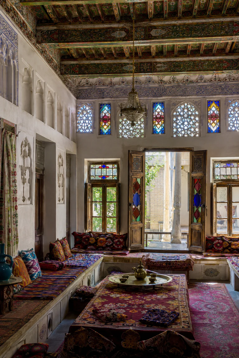 Photorealistic vertical Bukharan Jewish reception room with a tall polychrome timber ceiling, carved plaster niches, raised perimeter seating with ikat cushions, low brass table, courtyard-facing doors, and jewel-toned filtered daylight.