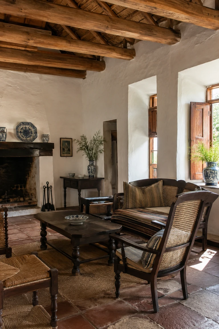 Cape Dutch sitting room with limewashed masonry, broad yellowwood beams, dark cane furniture, terracotta floor, built-in hearth, and blue-and-white ceramics.