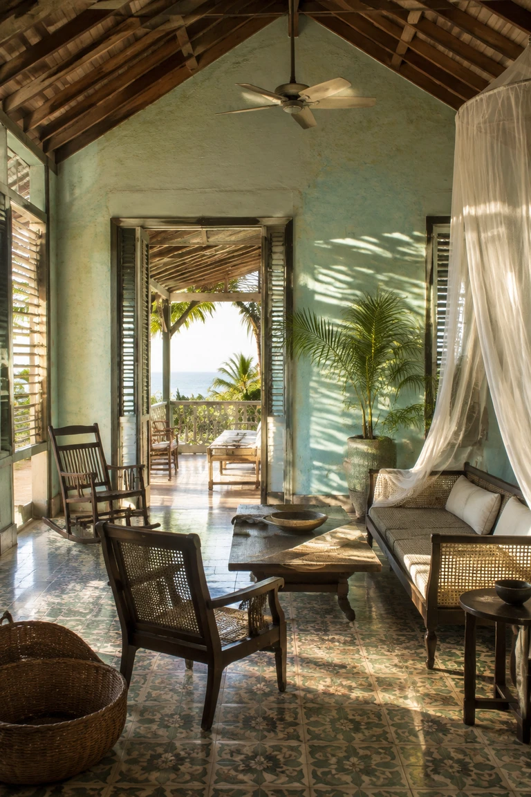 Caribbean vernacular great room with pale aqua limewash, jalousie shutters, cane and mahogany furniture, patterned tile, and a shaded sea-facing veranda.