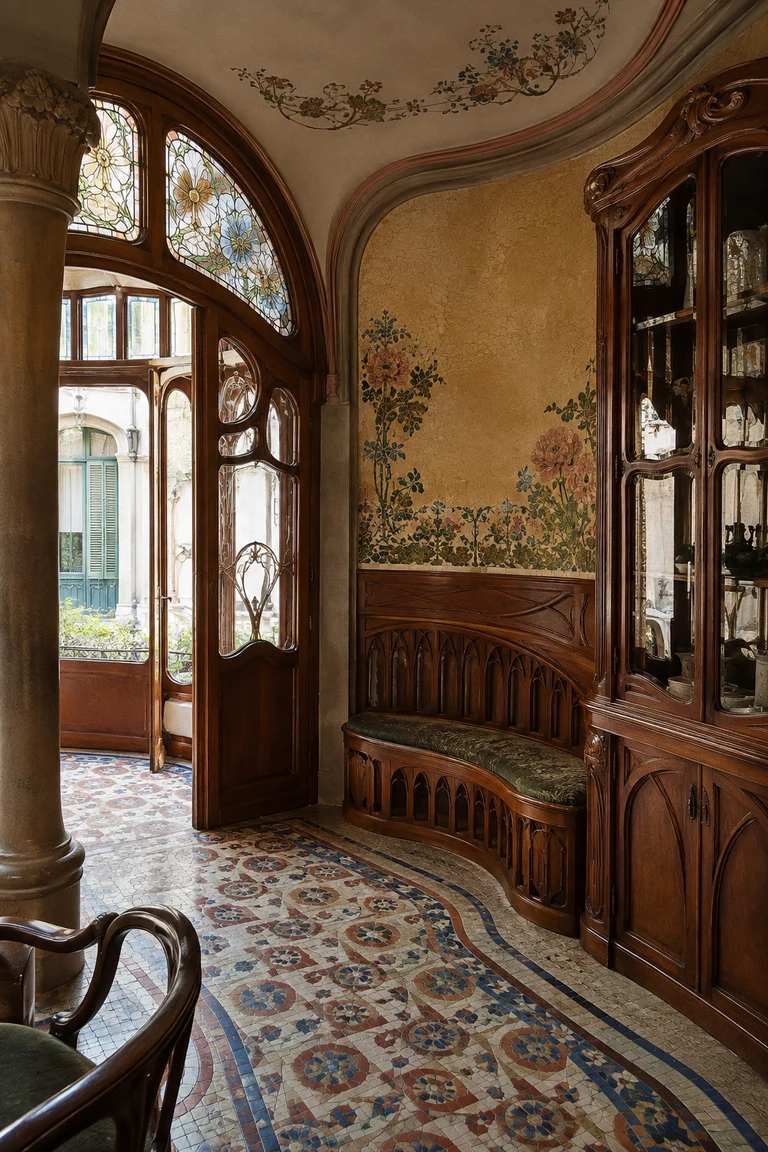 Catalan Modernisme salon with carved oak built-ins and bench, floral stained glass, hydraulic mosaic floor, ceramic botanical relief, and Mediterranean courtyard light.