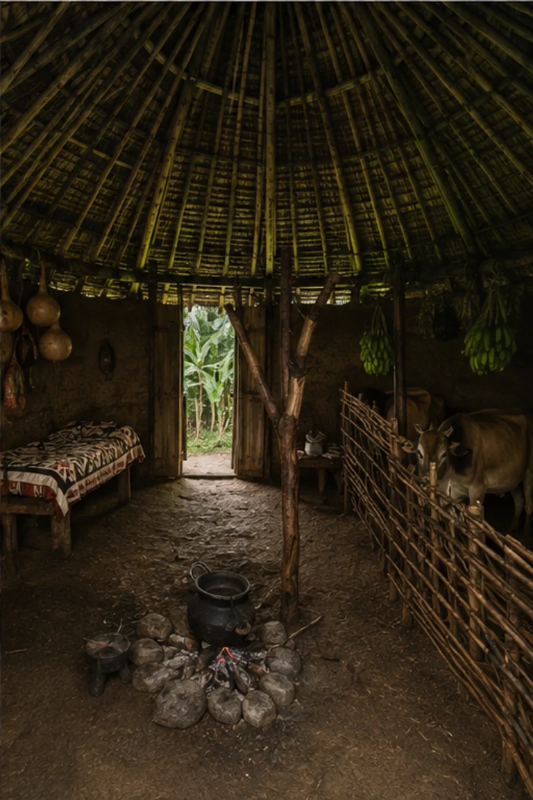 People-free photorealistic vertical Chagga kihamba house beneath dense Kilimanjaro banana groves, with conical woven-and-thatch roof, central hearth, low beds, livestock partition, baskets, gourds, clay vessels, and green-filtered doorway light.