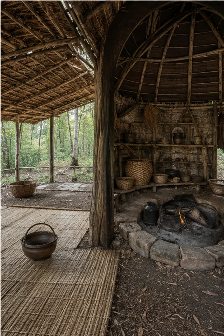 People-free photorealistic vertical Cherokee seasonal homestead in Appalachian woodland with open timber summer pavilion beside compact wattle-and-clay winter house, river-cane mats, hearth, baskets, pottery, sleeping platform, and filtered green light.