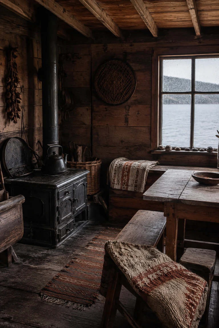 Historic Chiloé timber house with weathered plank walls, a black iron cookstove, simple table and benches, rust-and-cream woven wool, and a rain-streaked window overlooking grey water.