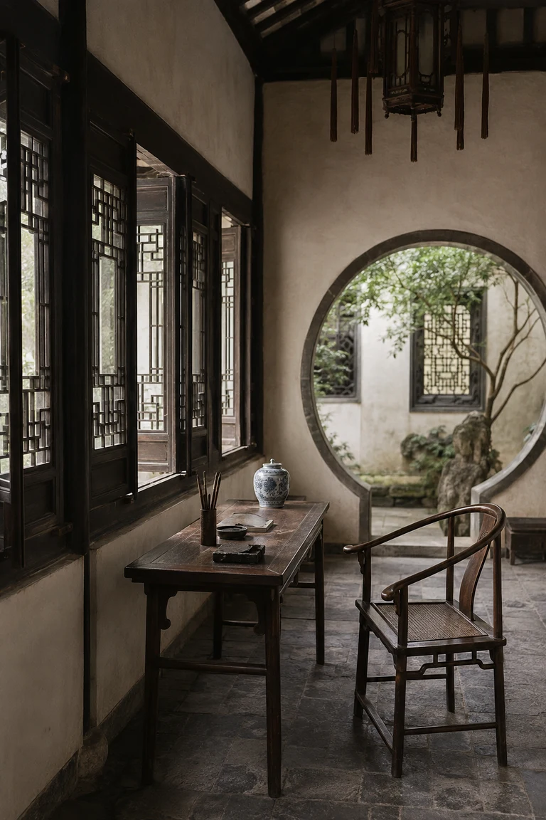 Chinese scholar’s studio with dark hardwood lattice, an austere writing table, display shelves, scholar’s rocks, ink objects, and a moon gate opening to a garden court.