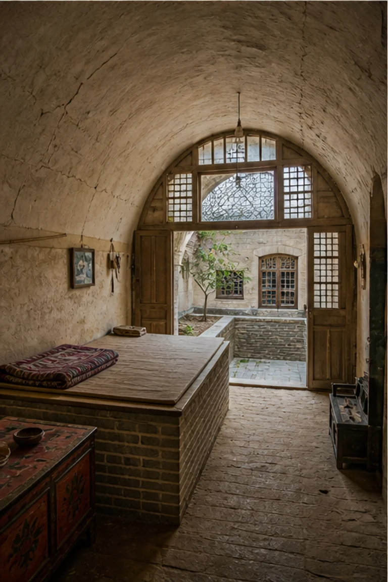Photorealistic vertical Chinese yaodong on the Loess Plateau with a barrel-vaulted earthen room opening to a sunken courtyard, heated kang platform, low table, painted chest, paper-cut window detail, ceramic jars, and daylight fading toward the cool rear wall.